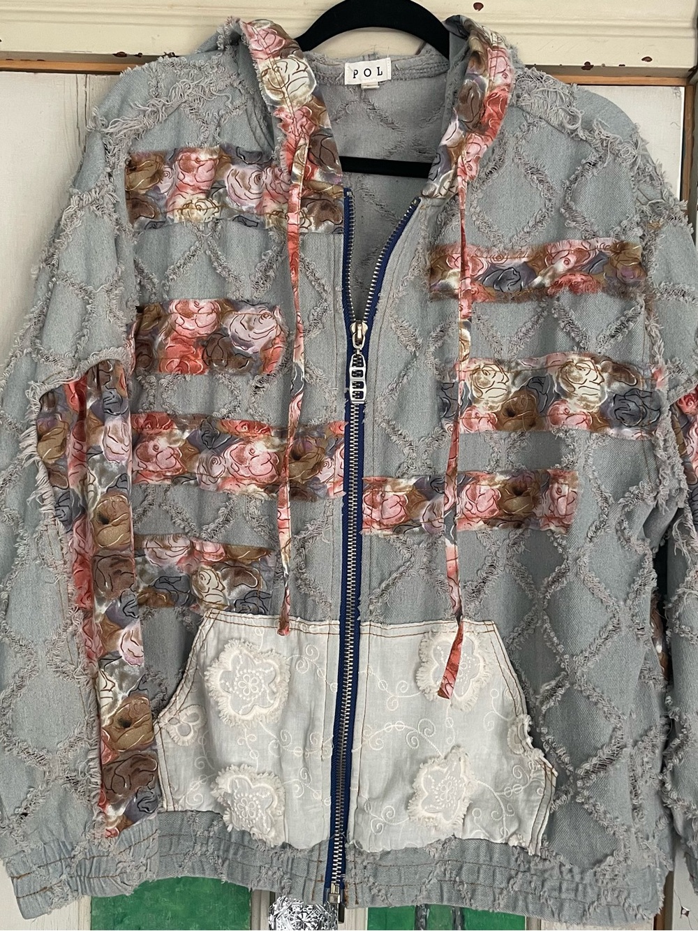 POL Gray Frayed Zip Hoodie with Pink Floral Trim